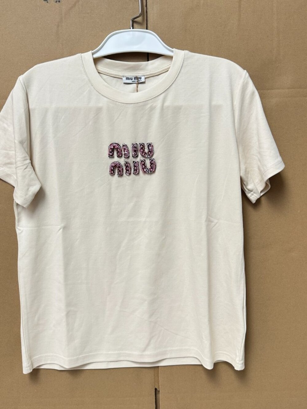 Miu Miu Women's Solid-Color Crewneck Short-Sleeve Pullover T-Shirt — Beige, Size